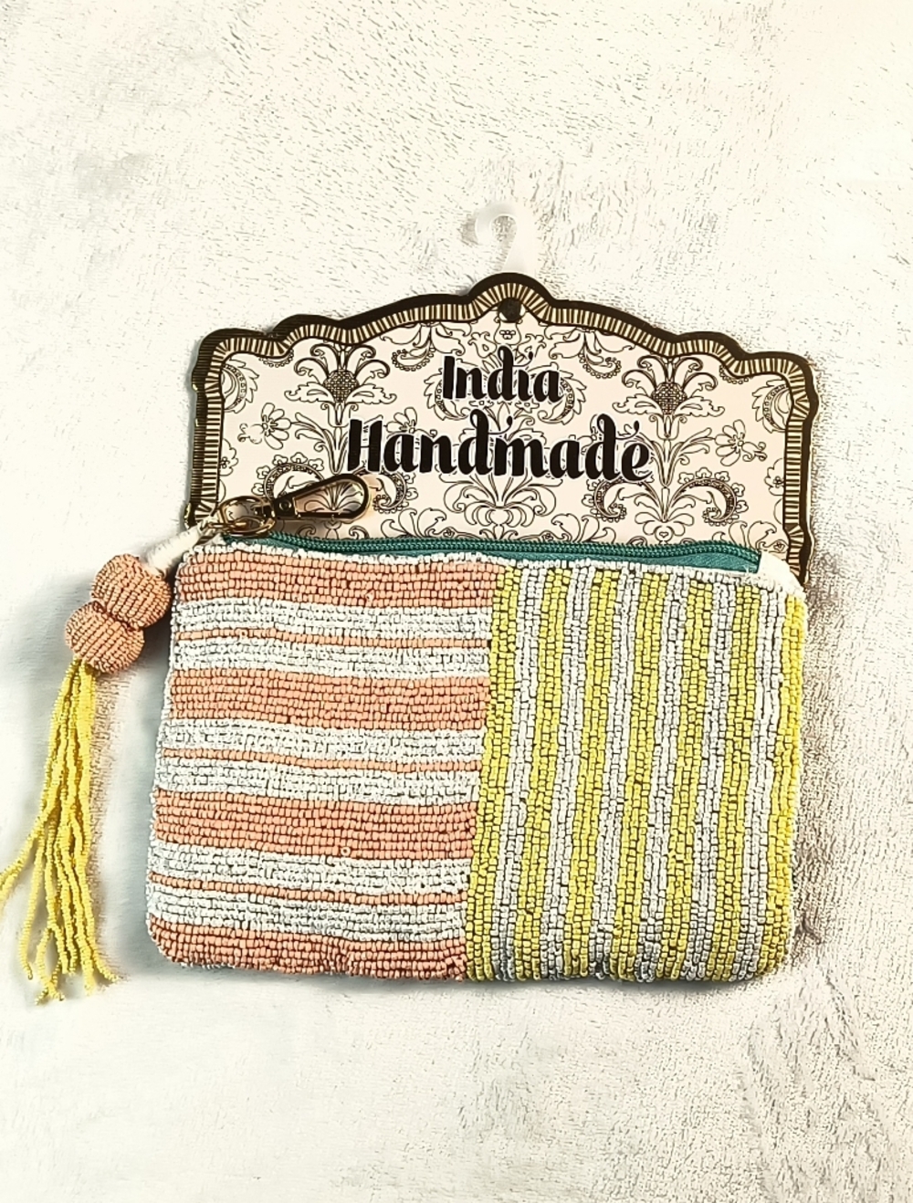 India Handmade Beaded Striped Mini Clutch Bag Tassel Boho Zipper Pouch New